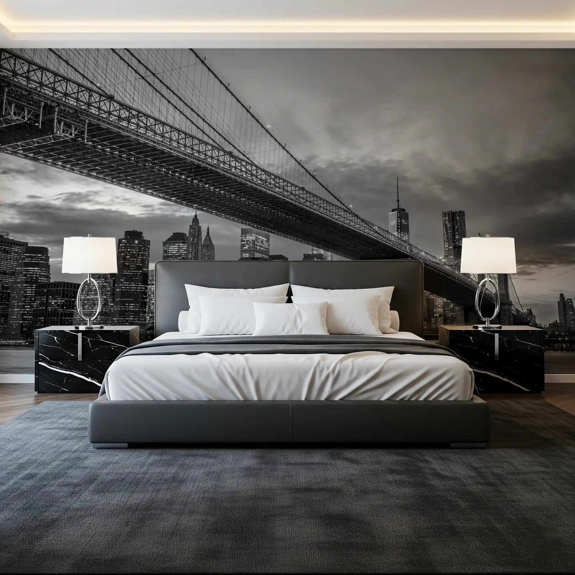 NYC Bridge black and white wall mural photographed in a bedroom