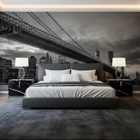 NYC Bridge black and white wall mural photographed in a bedroom