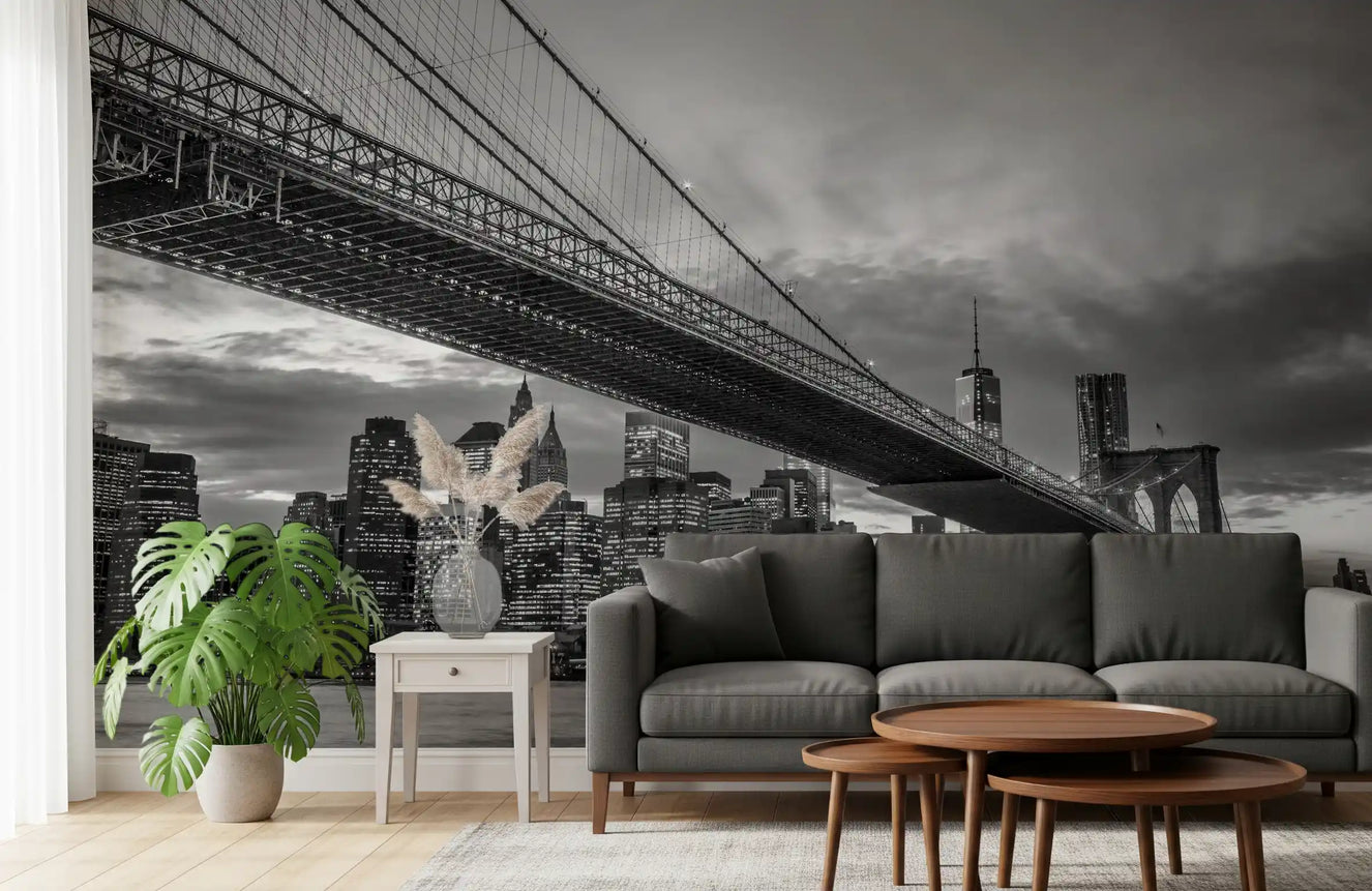 Brooklyn Bridge monochrome wall mural filling a living room