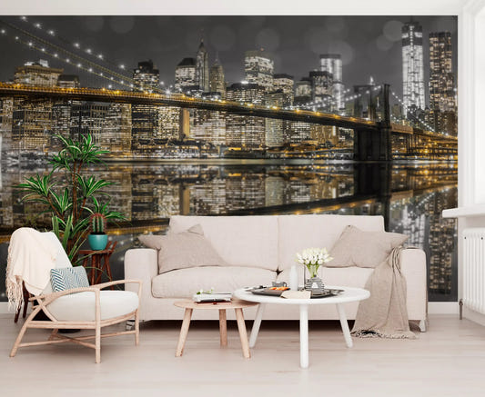 Gold cable lights and grey bokeh sky in this NYC Nightscape wall mural