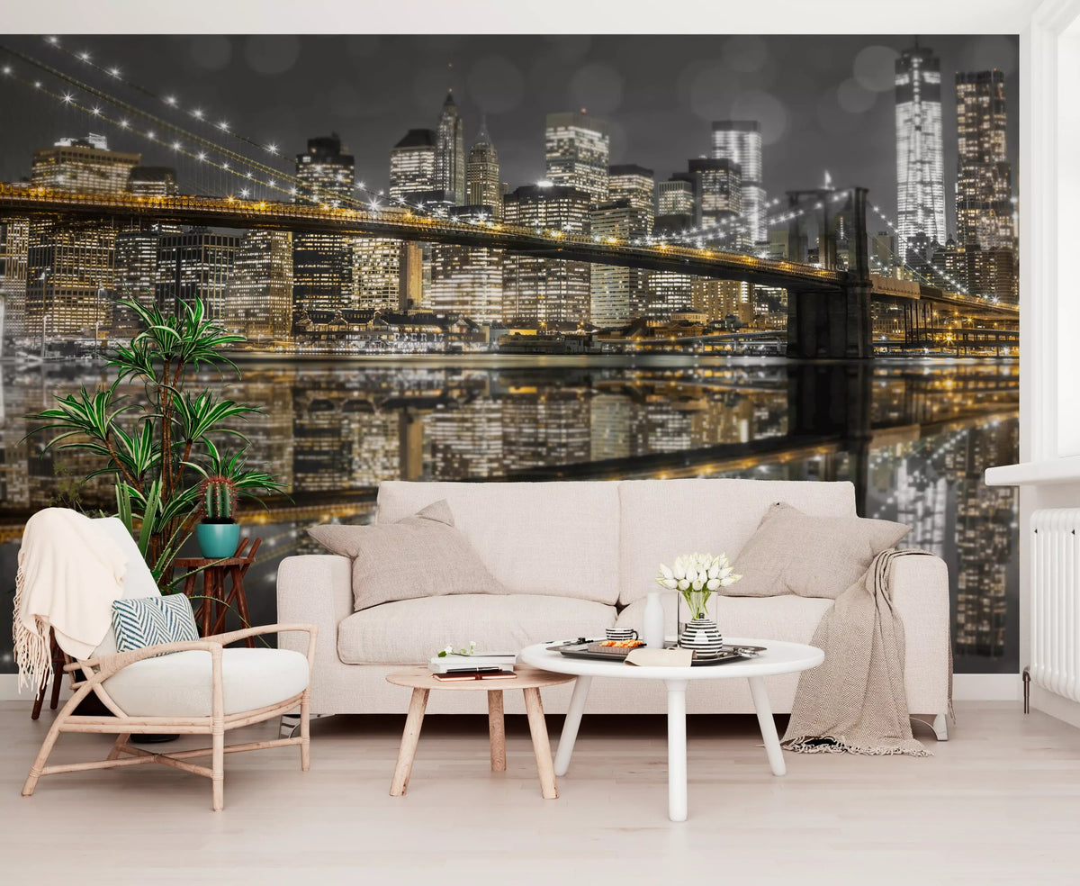Gold cable lights and grey bokeh sky in this NYC Nightscape wall mural, GD9756