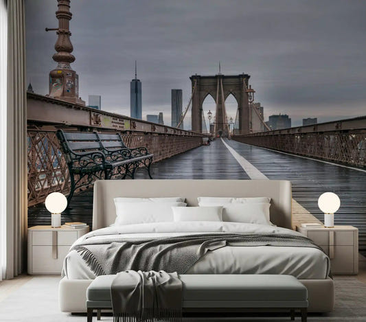Brooklyn Bridge Serenity wall mural on a moody bedroom feature
