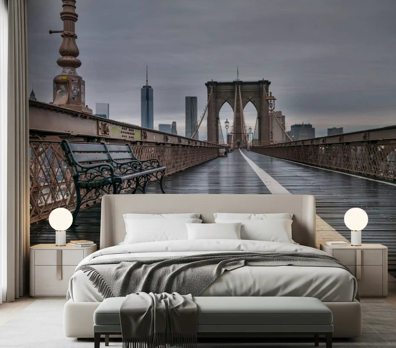 Brooklyn Bridge Serenity wall mural on a moody bedroom feature