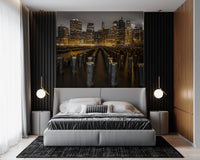 Pier posts and Manhattan skyline wall mural running a full bedroom 