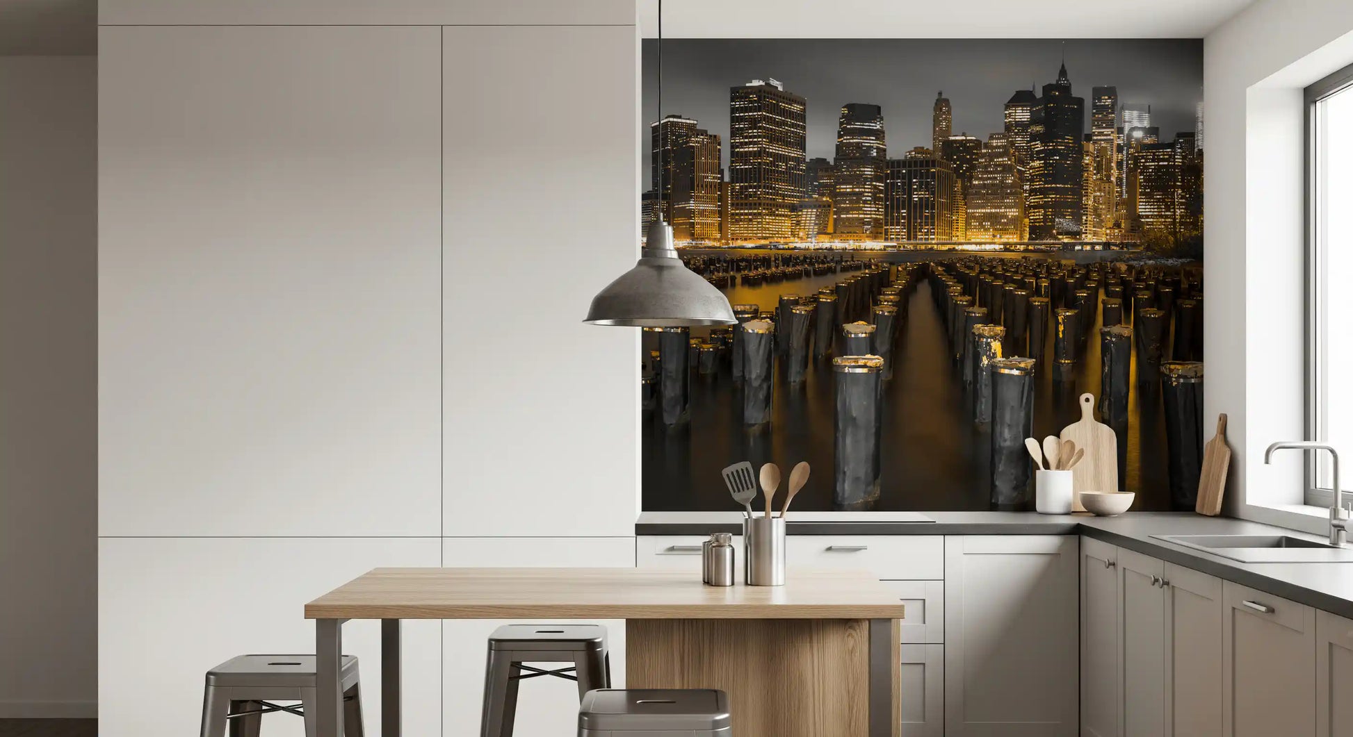 Monochrome skyscrapers with amber glow in the Golden Skyline Contrast wall mural