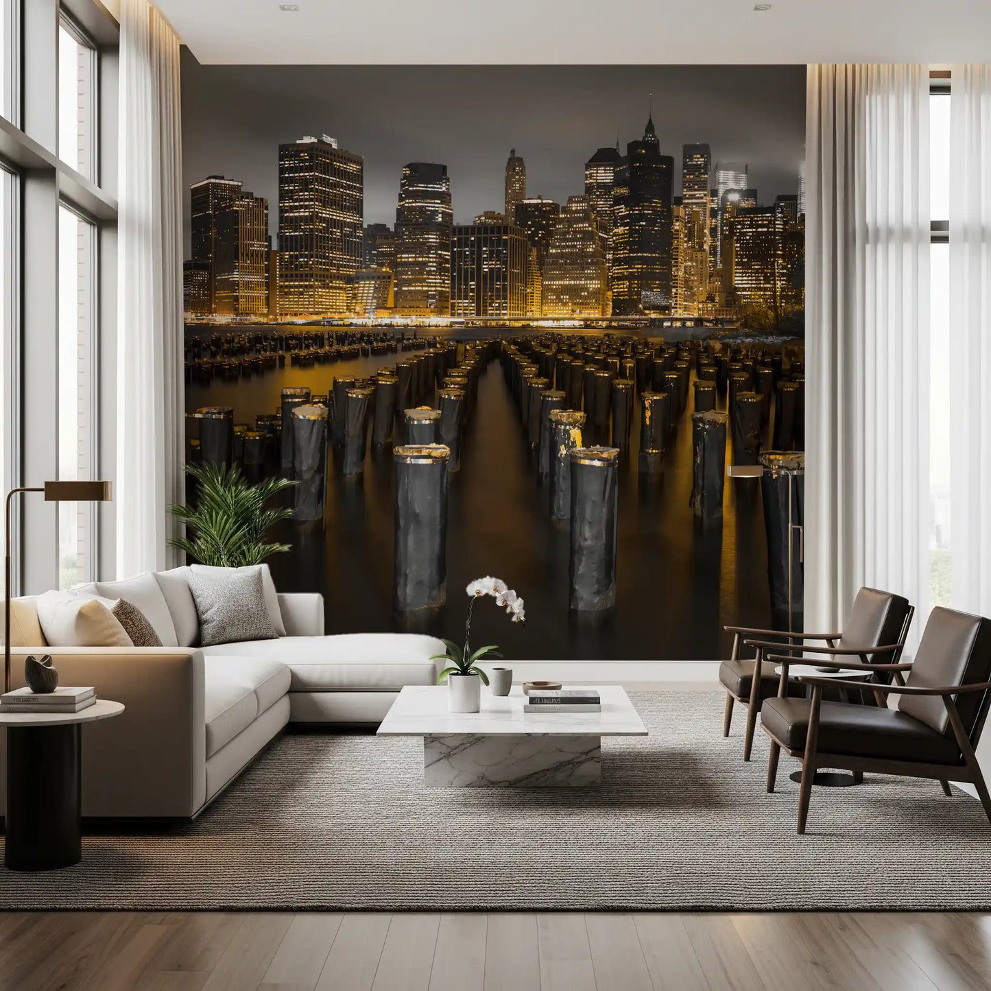 Dark gold Manhattan wall mural behind a living room at night