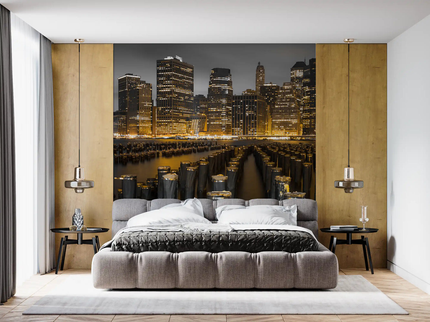 Night city wall mural above a Bedroom area with gold and monochrome tones