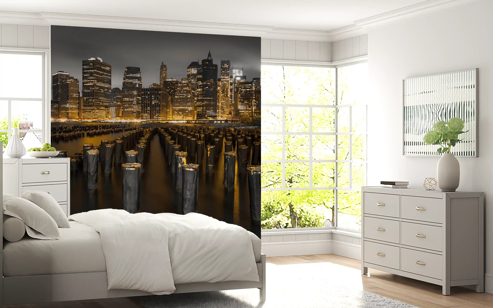 Old wooden pier posts leading toward Manhattan's golden night skyline wall mural