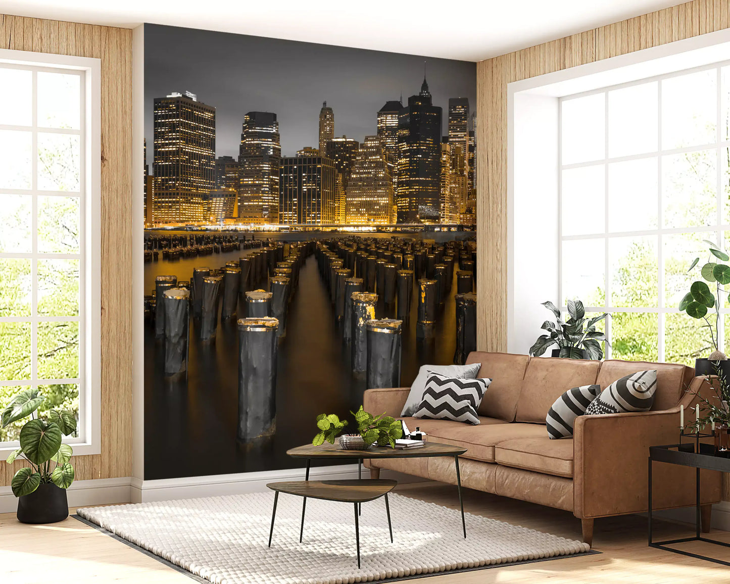 Water reflections of city glow below the pier posts in this wall mural