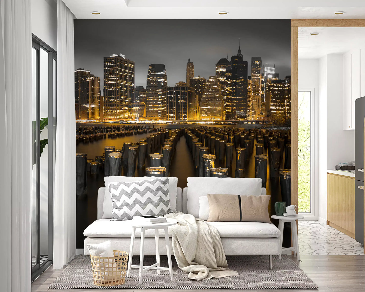Manhattan night skyline wall mural seen from a Living room in gold and grey