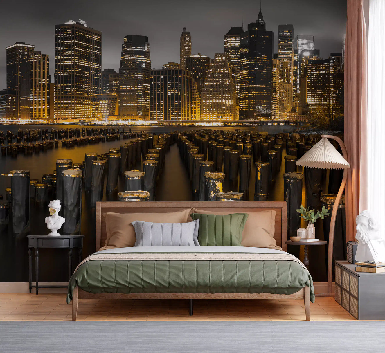 Golden Skyline Contrast wall mural set on a bedroom with city night glow
