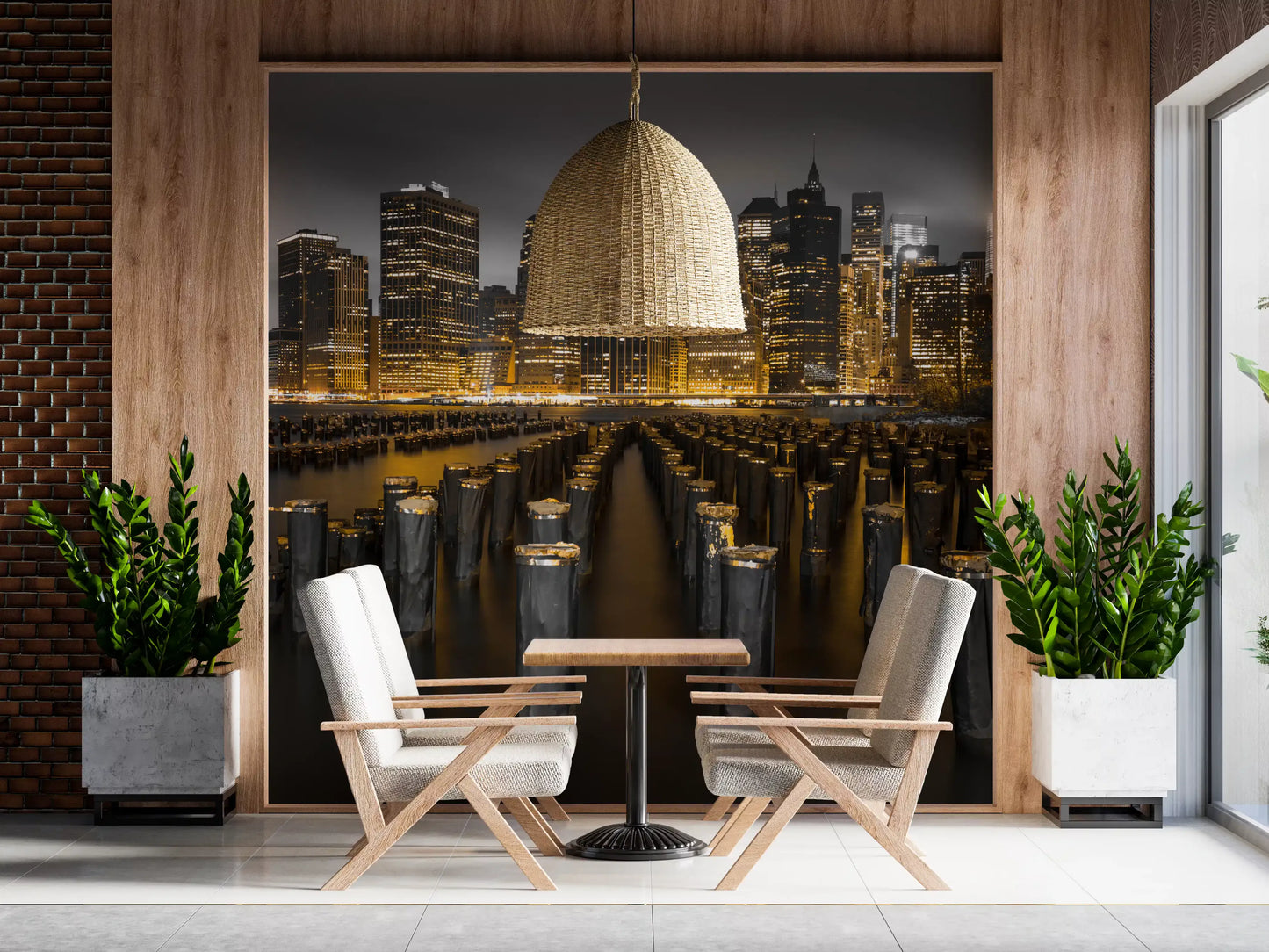 NYC skyline wall mural in selective gold tones on a Dining room 
