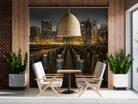 NYC skyline wall mural in selective gold tones on a Dining room 
