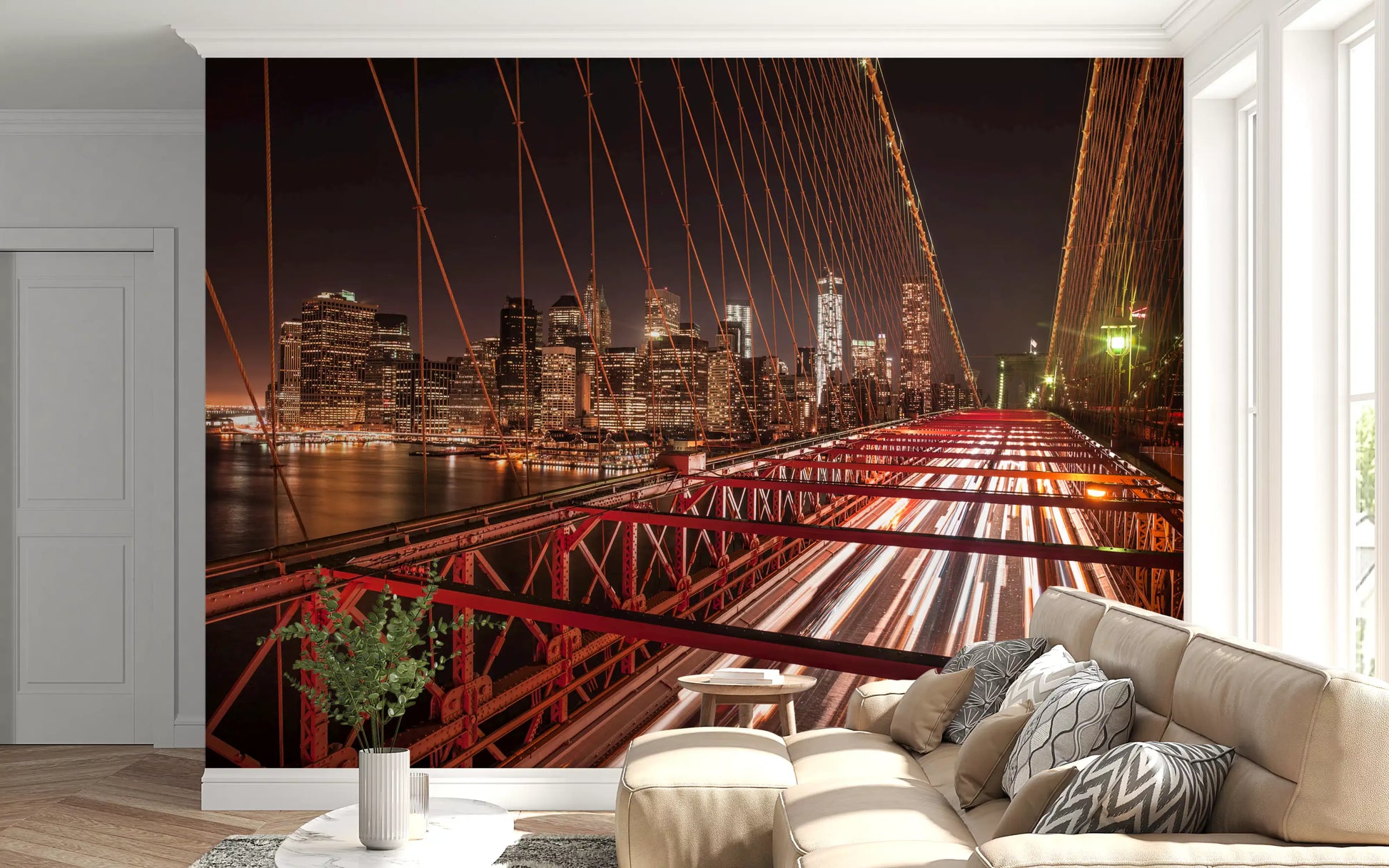 White and amber traffic streaks on the Brooklyn Bridge night wall mural