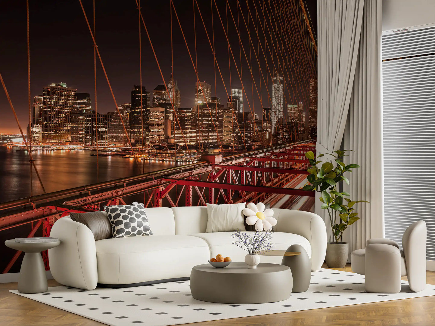 City Pulse wall mural showing red steel trusses of Brooklyn Bridge at night