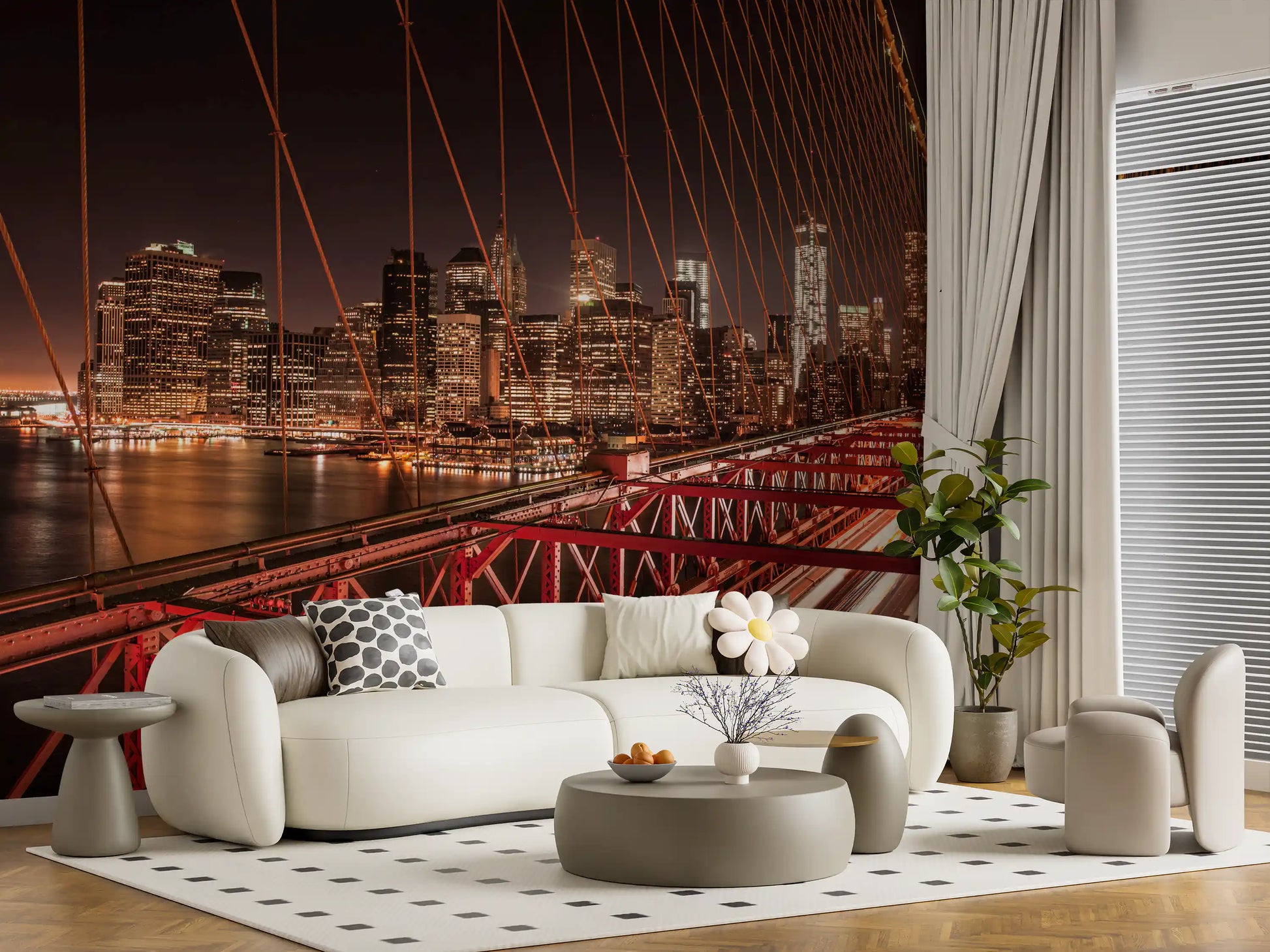 City Pulse wall mural showing red steel trusses of Brooklyn Bridge at night