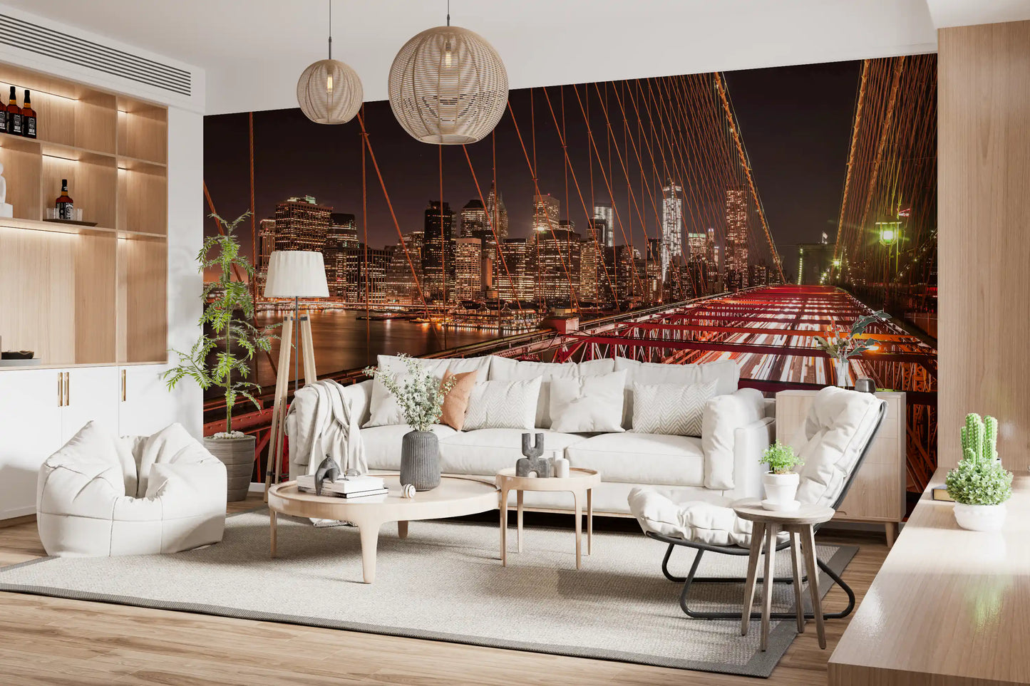 City Pulse wall mural covering a bright living room