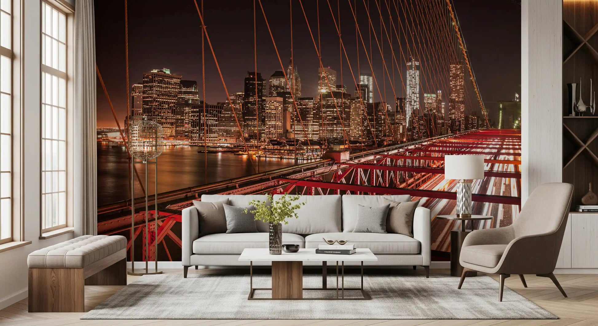 Long exposure light trails across Brooklyn Bridge in this night wall mural