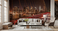 Long exposure light trails across Brooklyn Bridge in this night wall mural