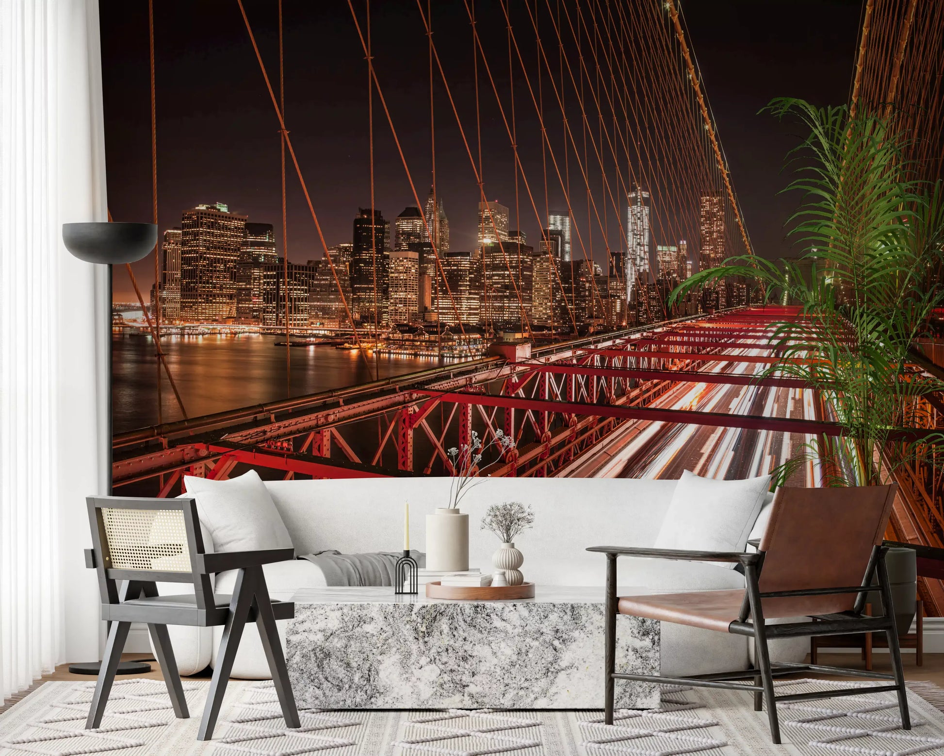 Red cable stays and light trails wall mural in a living room