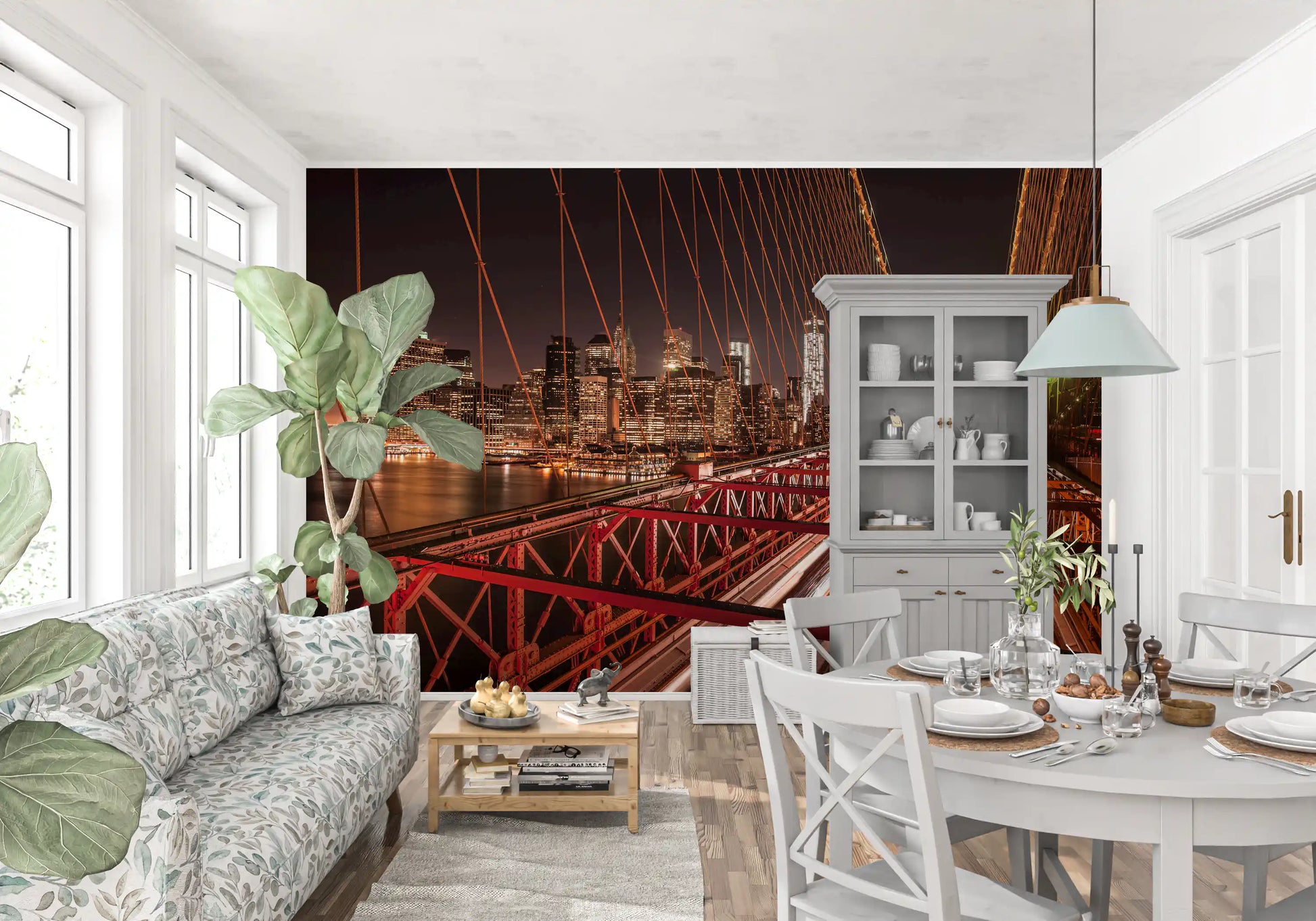 Manhattan skyline blazing behind the red cables in the City Pulse wall mural