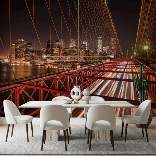 City Pulse Brooklyn Bridge wall mural spanning the full dining room