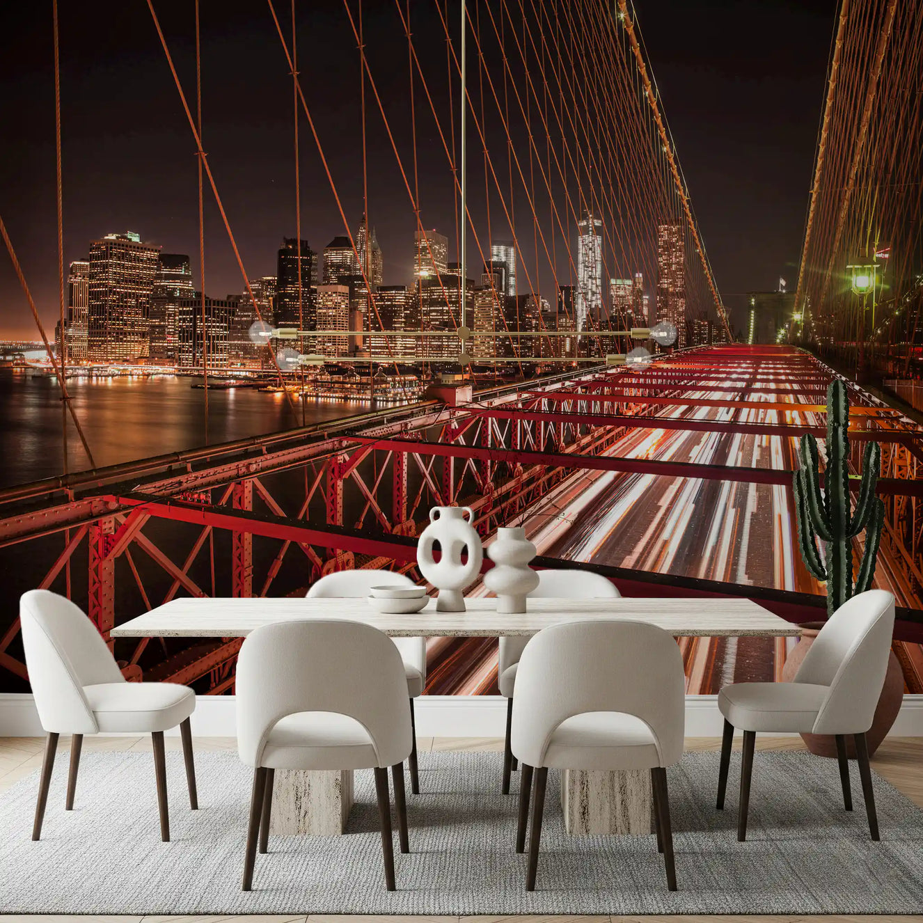 City Pulse Brooklyn Bridge wall mural spanning the full dining room