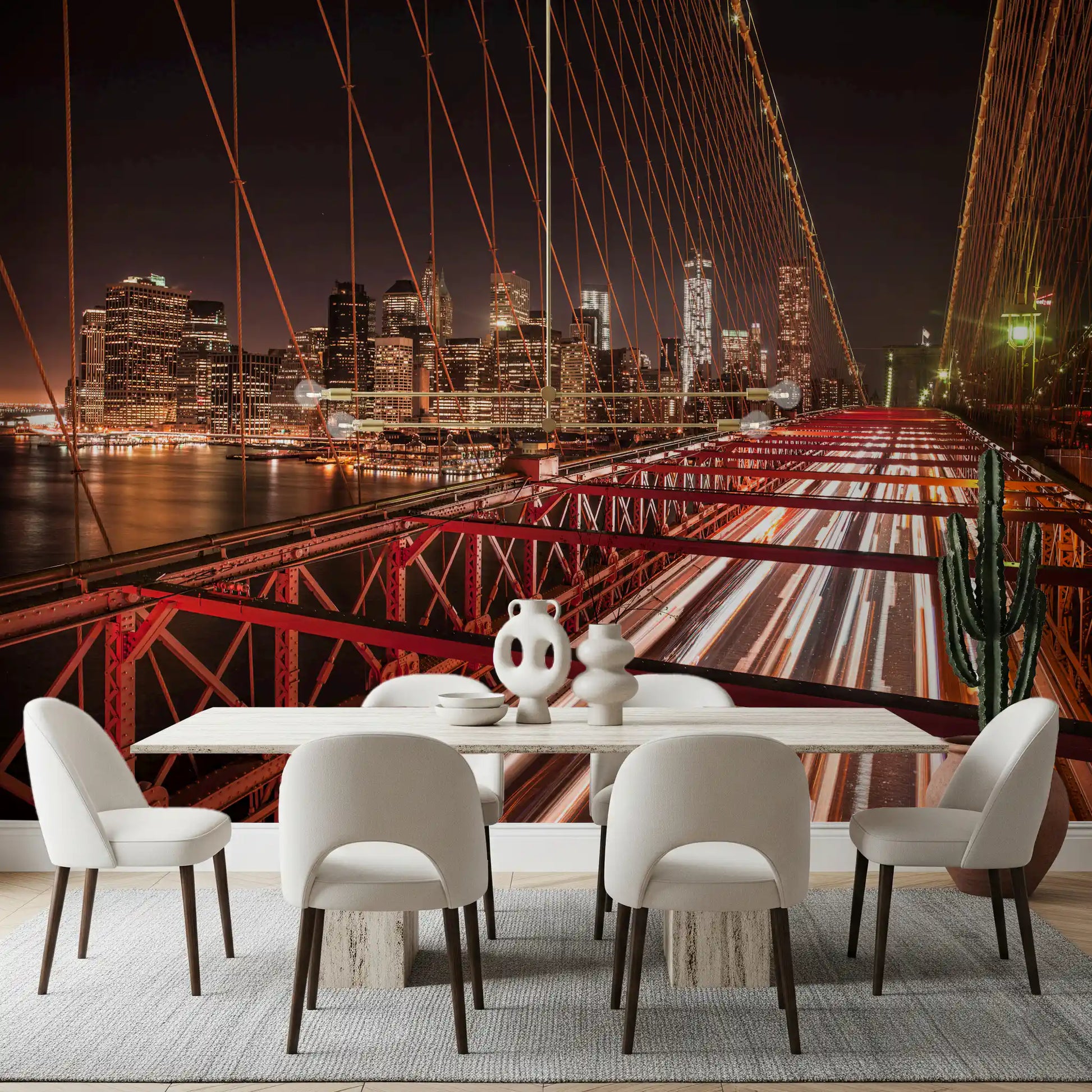 City Pulse Brooklyn Bridge wall mural spanning the full dining room