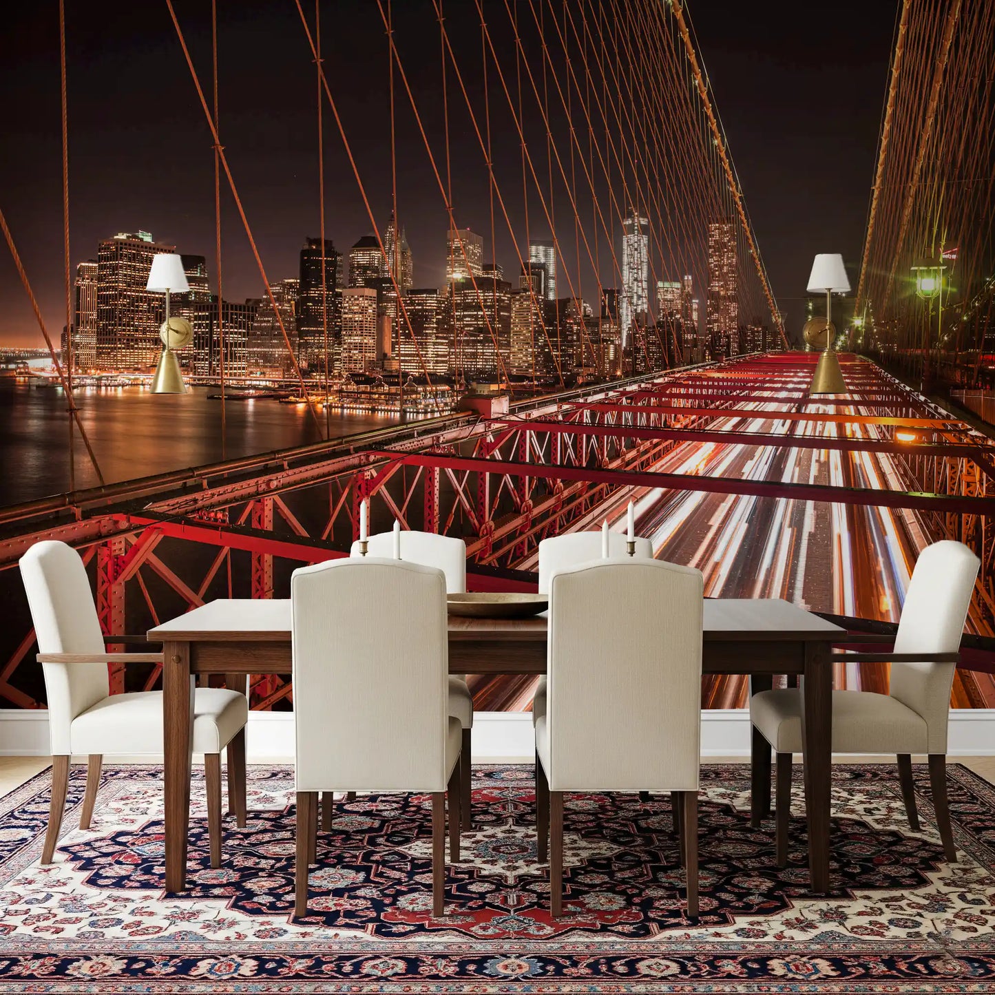 Night bridge and city lights wall mural installed in a dining room