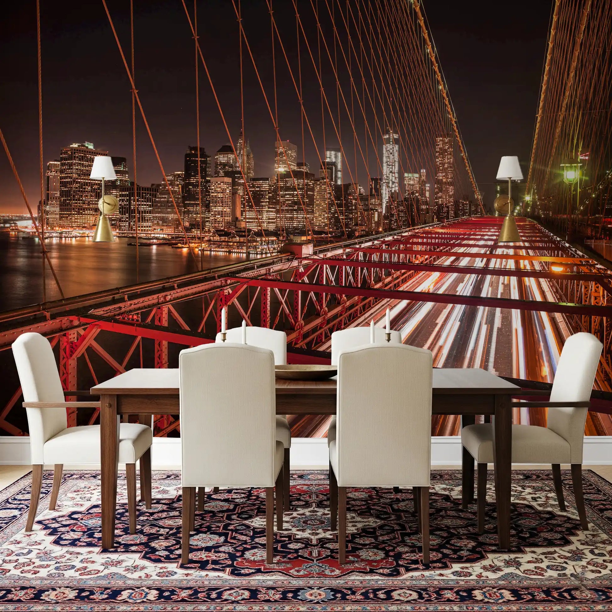 Night bridge and city lights wall mural installed in a dining room