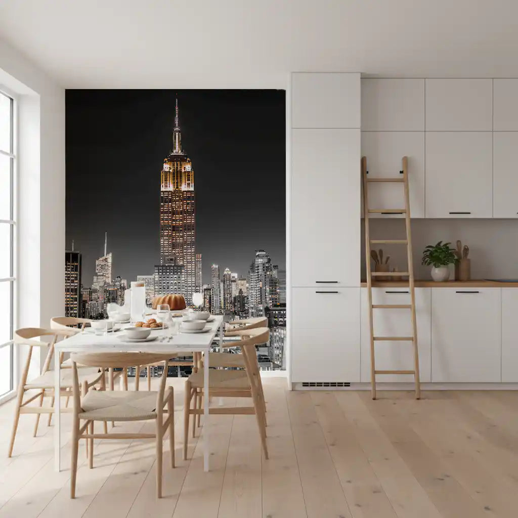 Empire Glow: NYC Night in Grayscale Gold Wall Mural