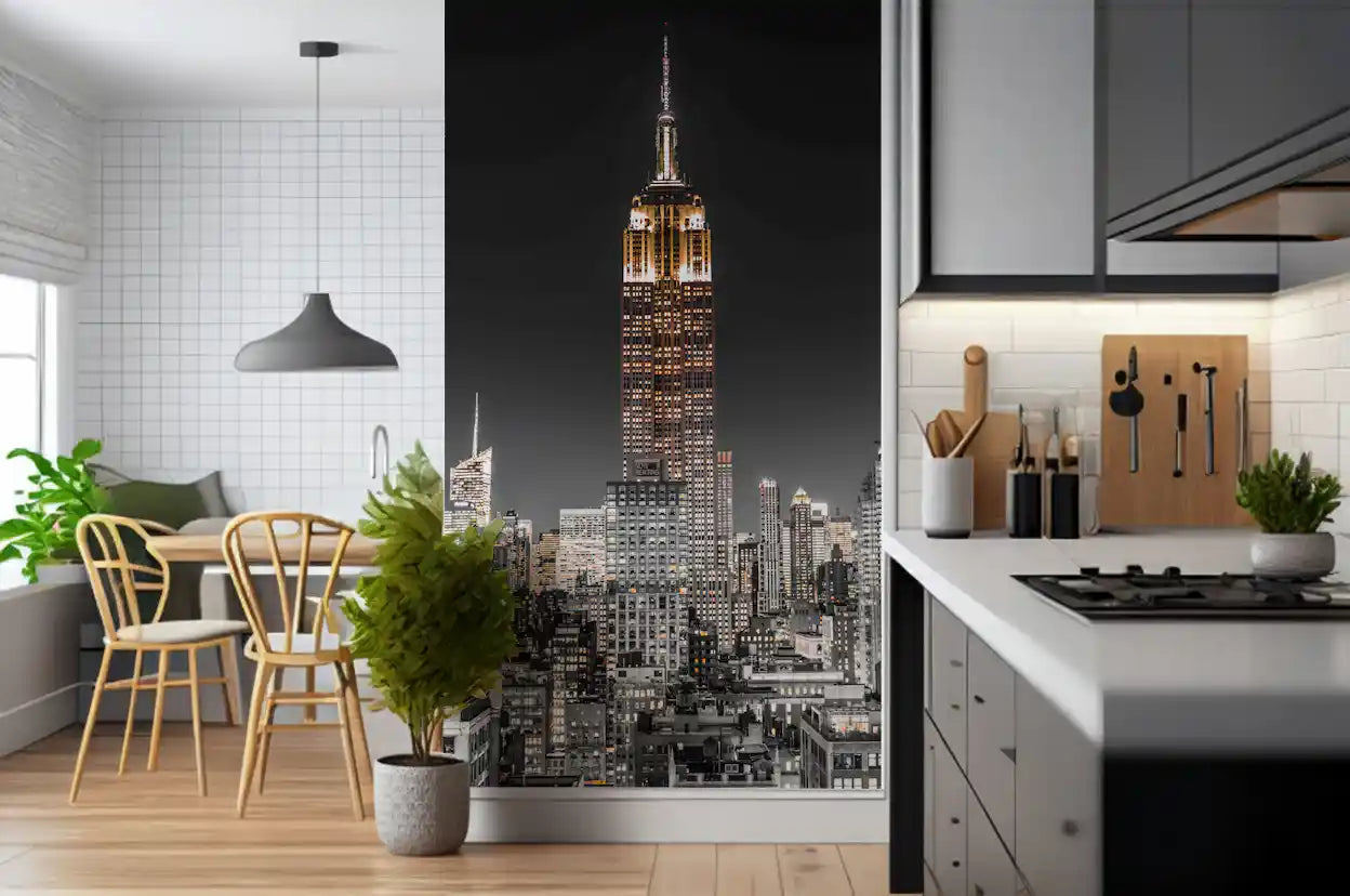 Empire Glow: NYC Night in Grayscale Gold Wall Mural