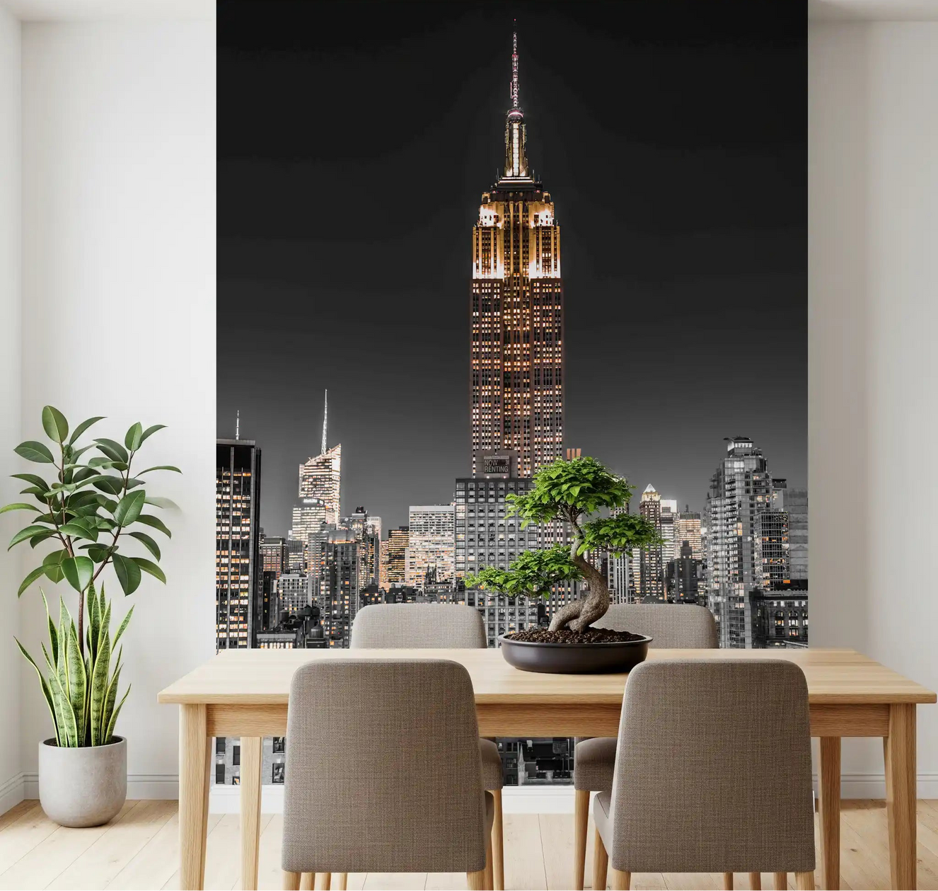 Empire Glow wall mural towering on a dining room in gold and grey