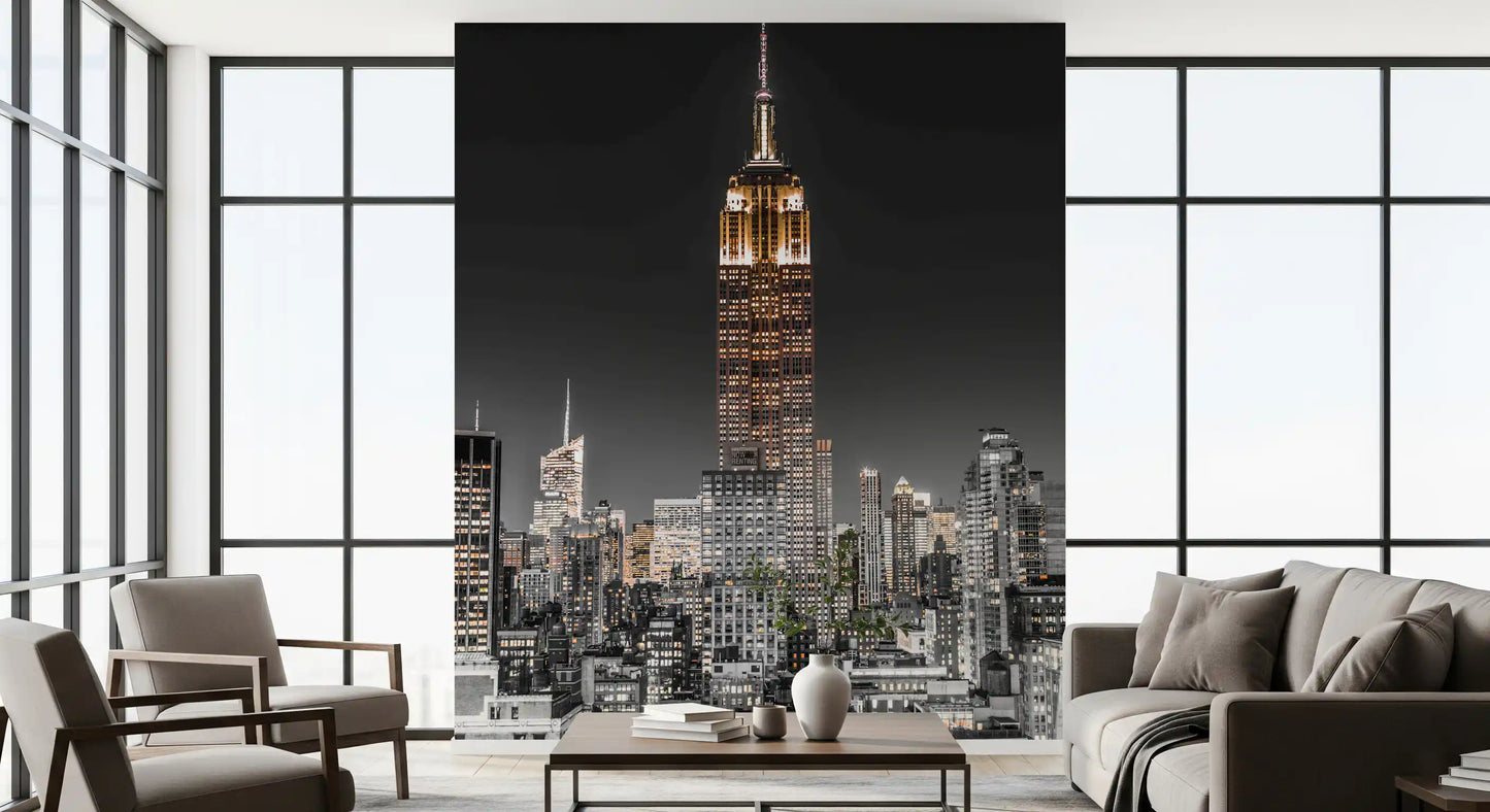 Empire Glow: NYC Night in Grayscale Gold Wall Mural