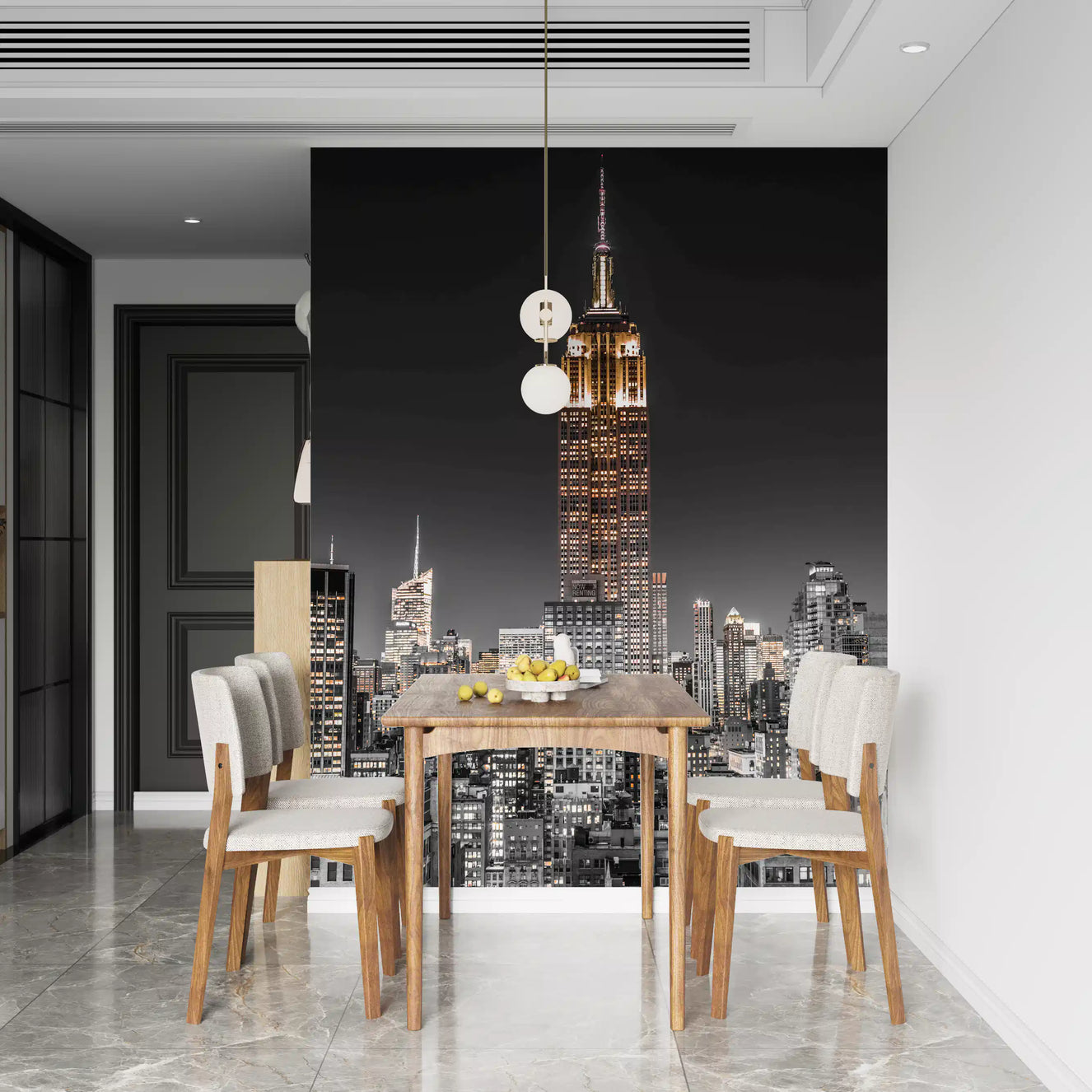 Tall Empire State Building wall mural rising up a kitchen-dining at night
