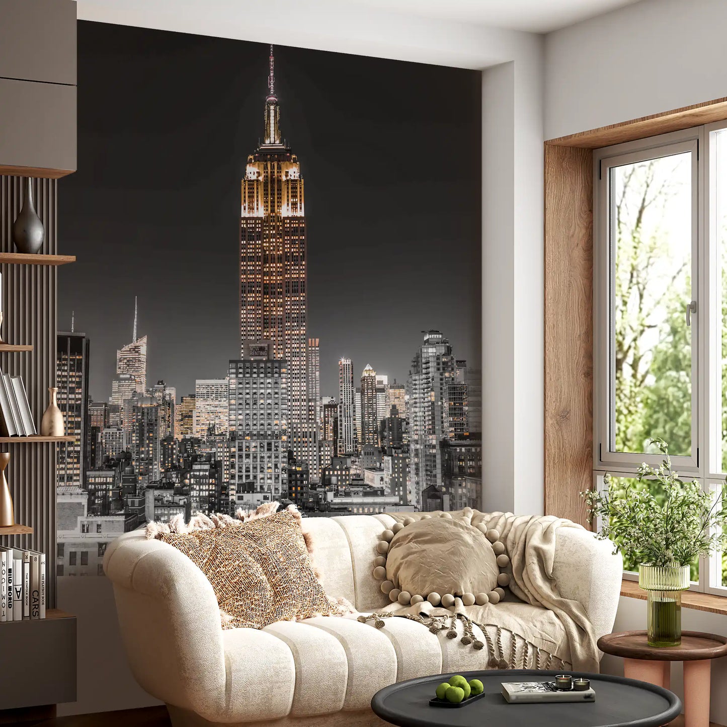 Empire Glow: NYC Night in Grayscale Gold Wall Mural