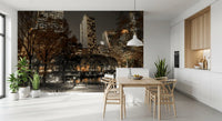 Central Park night wall mural with city lights on a Dining room in sepia