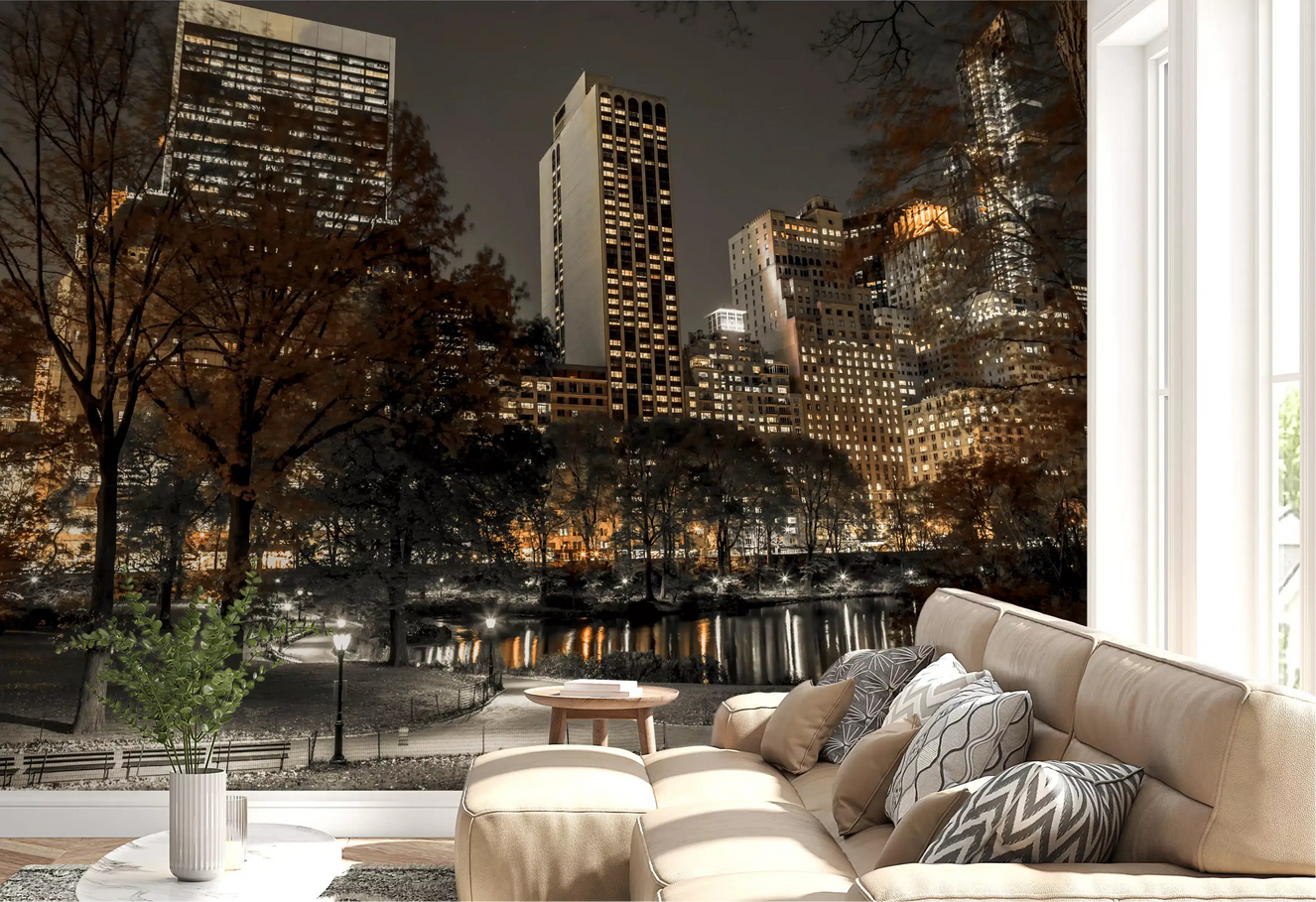 Manhattan skyline wall mural from Central Park at night in a living room