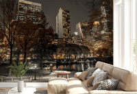 Manhattan skyline wall mural from Central Park at night in a living room