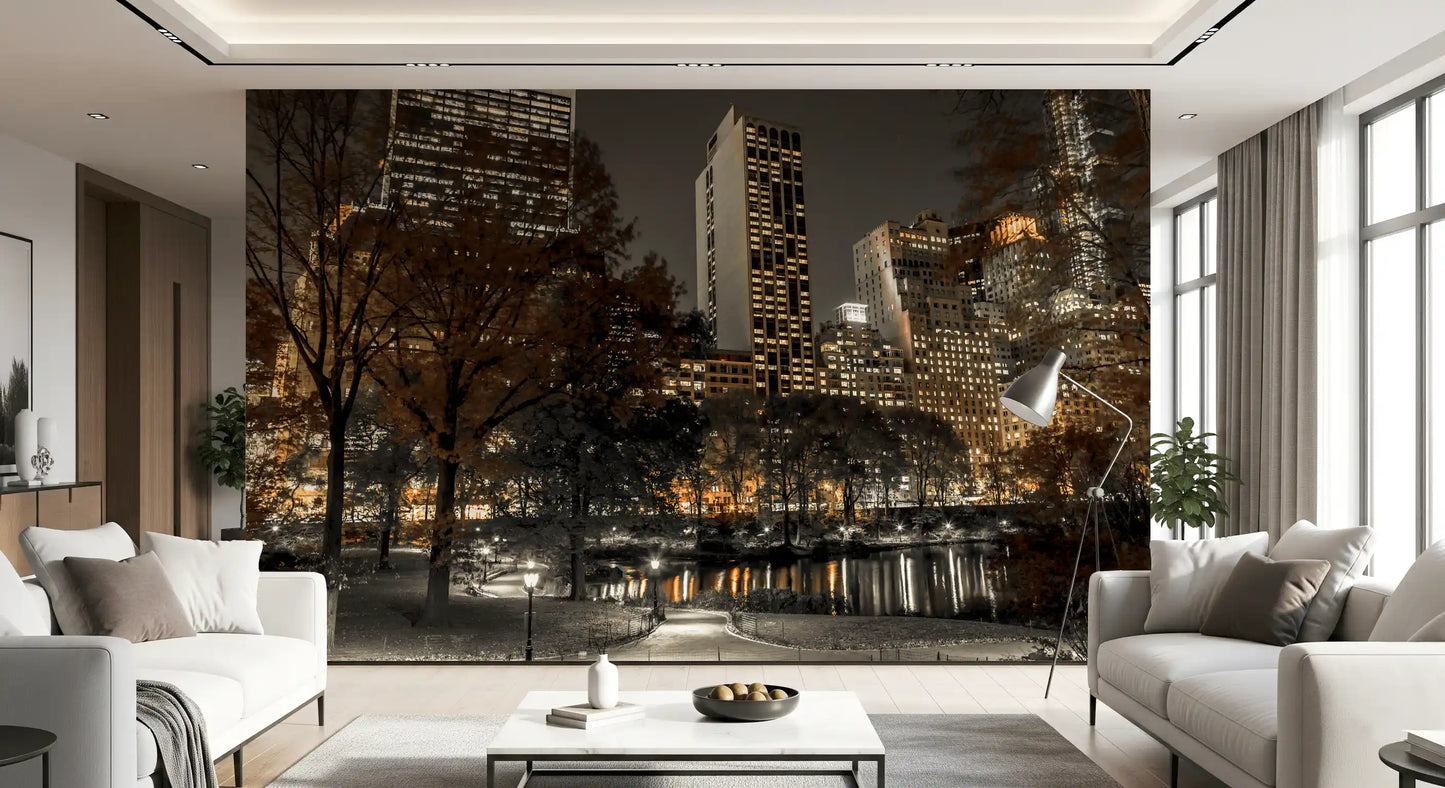 Night park wall mural showing New York skyline in warm amber and sepia tones