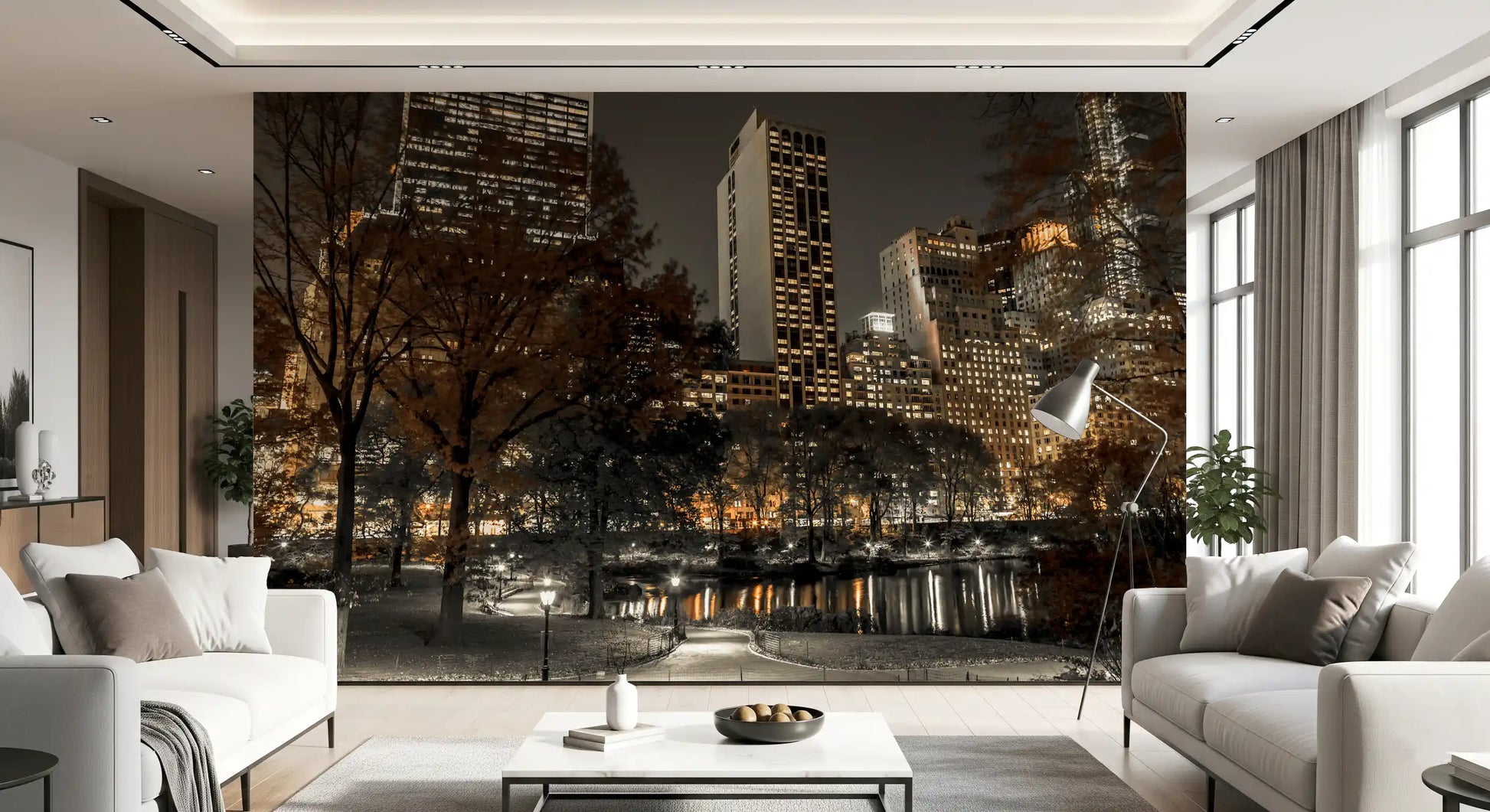 Night park wall mural showing New York skyline in warm amber and sepia tones