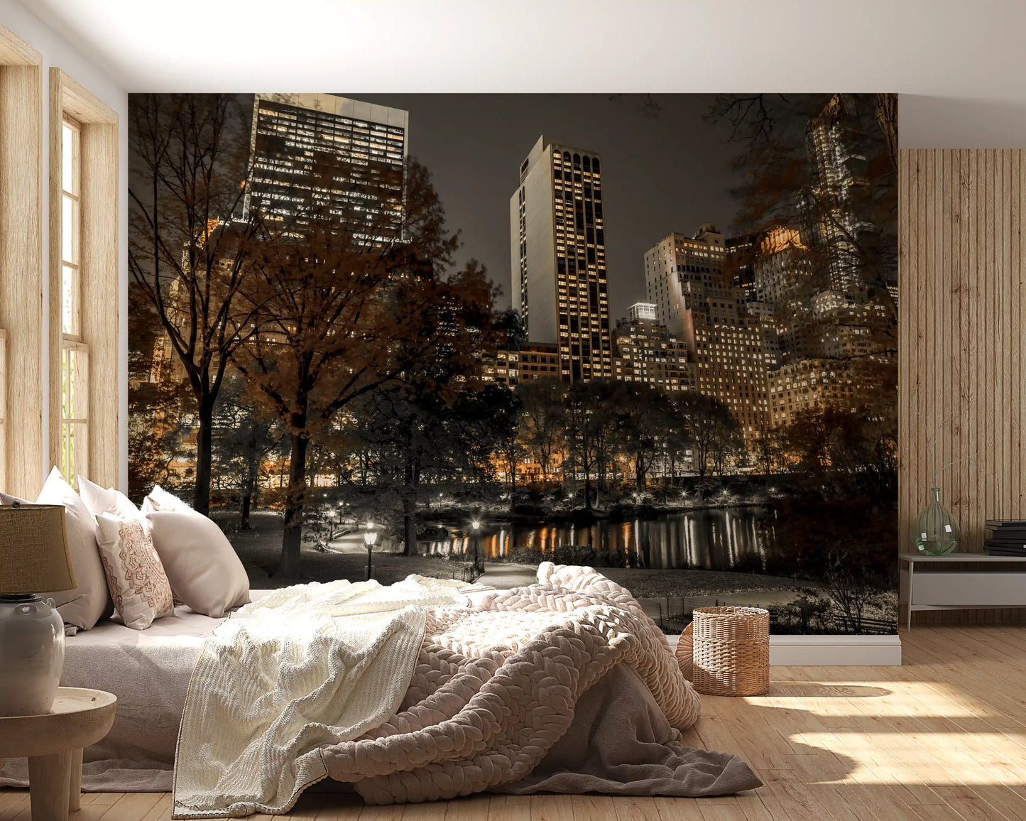 Lamplit pathways and a pond in the Central Park night wall mural