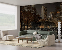 Sepia-toned Urban Oasis wall mural on a Living room with Manhattan towers