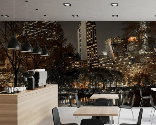 New York night wall mural with Central Park lit in amber on a Café dining area 