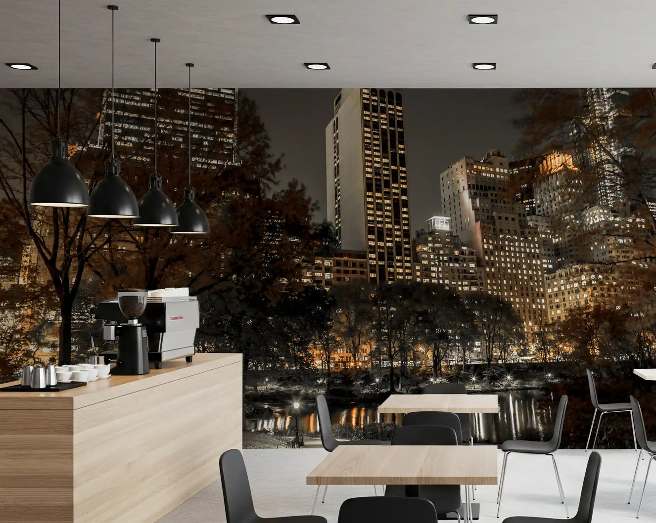 New York night wall mural with Central Park lit in amber on a Café dining area 
