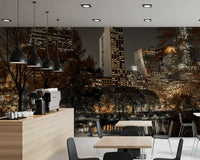 New York night wall mural with Central Park lit in amber on a Café dining area 