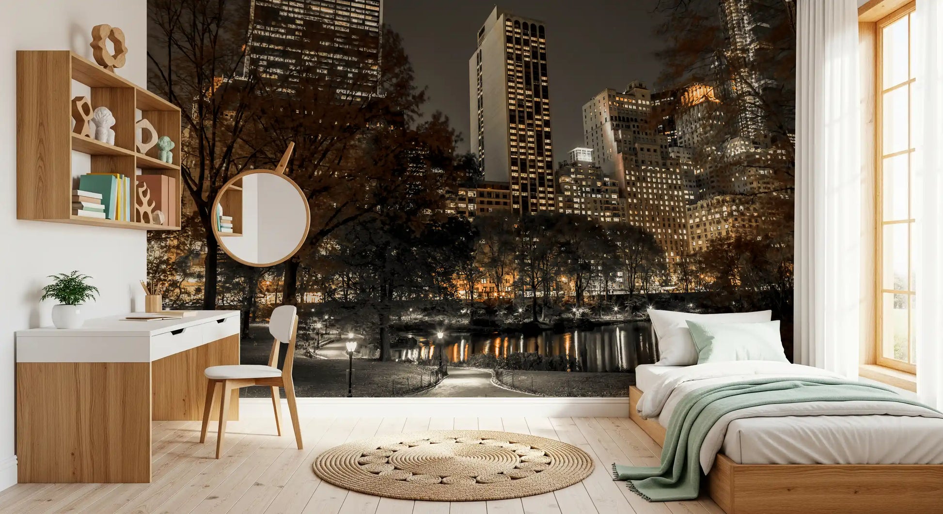 City and park landscape wall mural in amber and brown in a Bedroom 