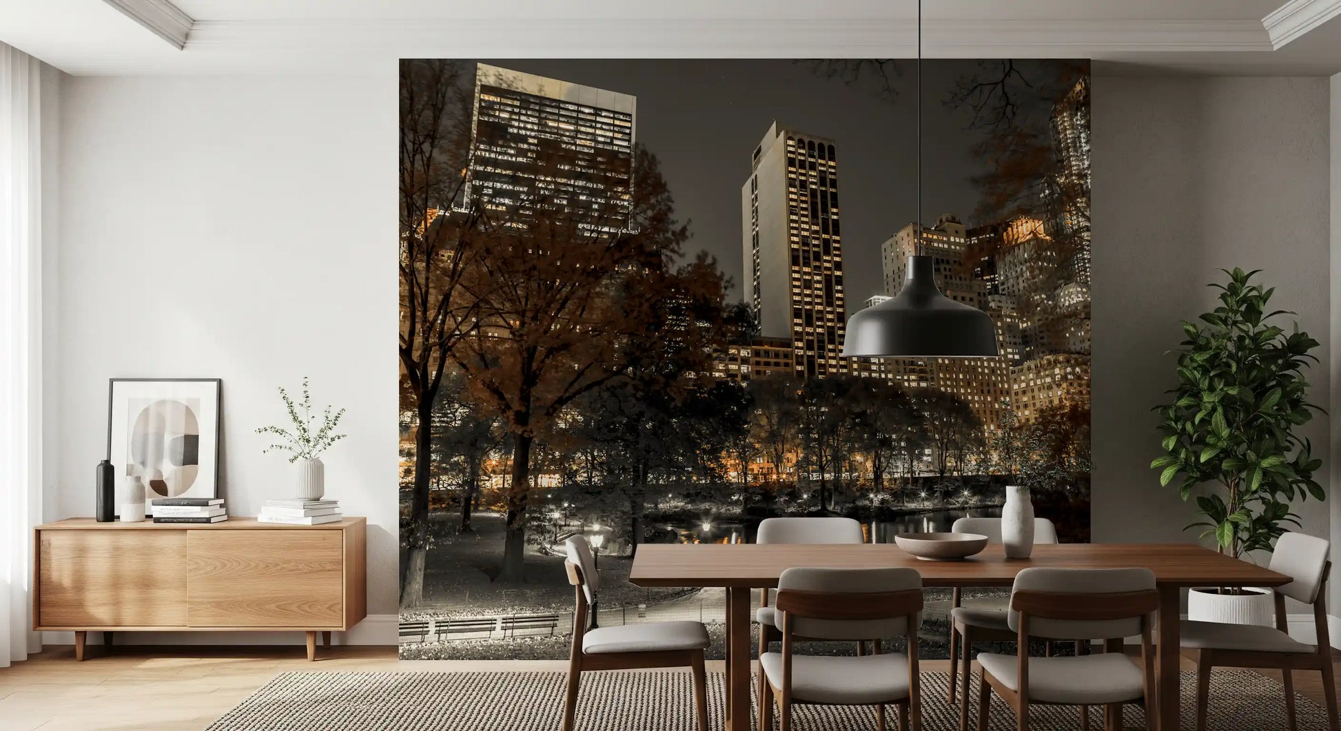 Autumn trees and Manhattan skyline on the Urban Oasis wall mural in a Dining room