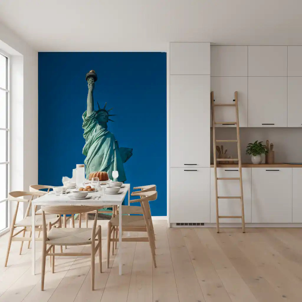 NYC Liberty wall mural in a kitchen-dining area