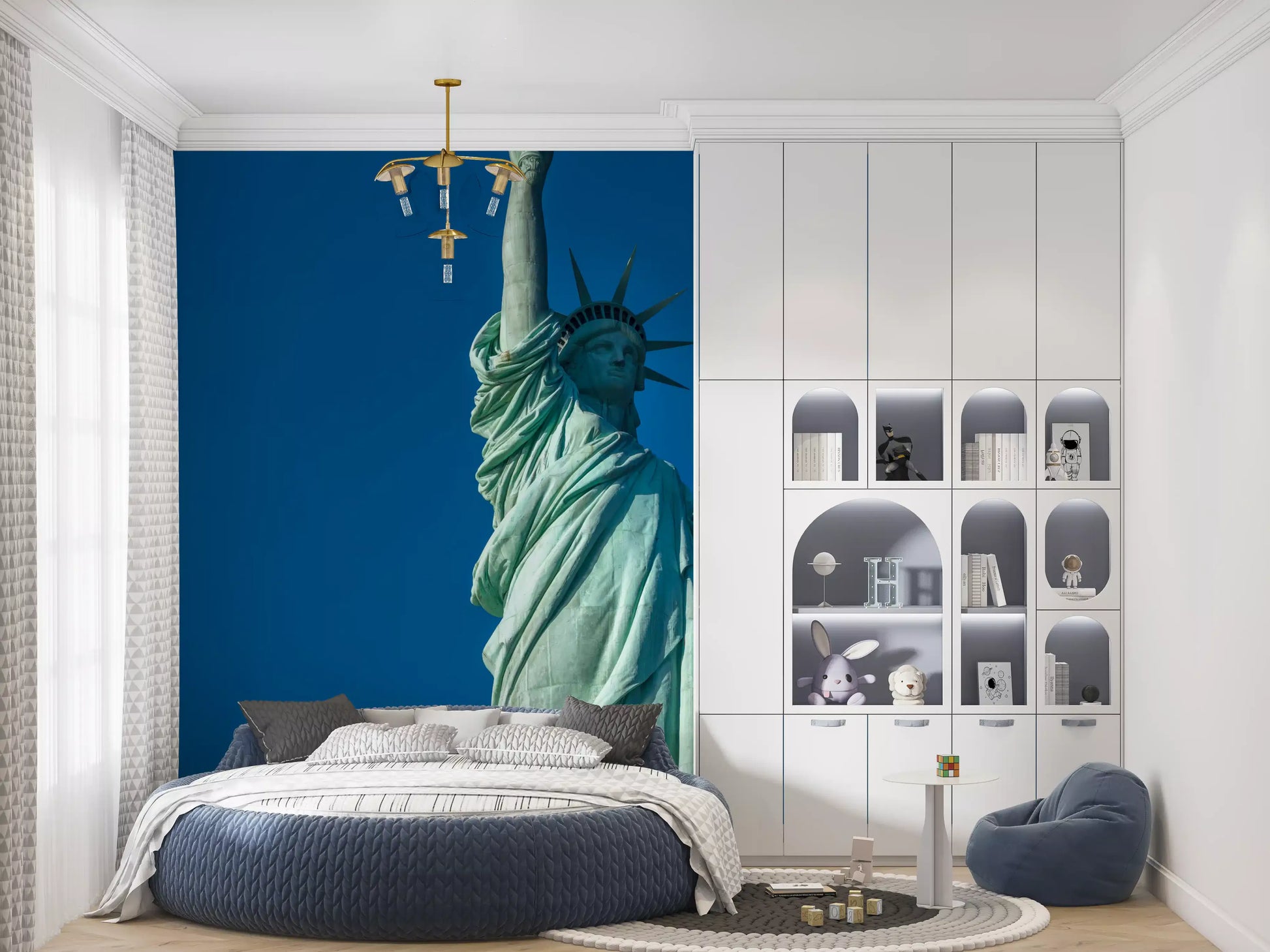 Vivid blue sky and copper-green liberty wall mural composition